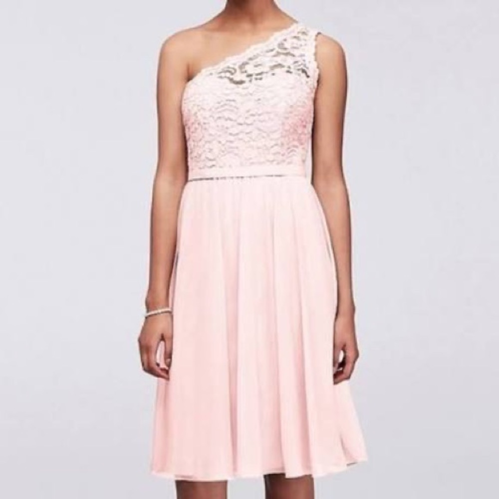 David’s Bridal Petal One Shoulder Pink Lace Dress
